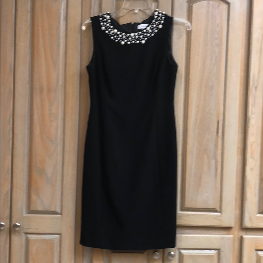 Calvin Klein Black Party Dress with Pearl Collar